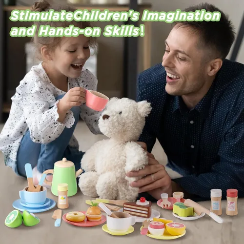 Miniatura 9 de GAGAKU Juego de té de madera y platos de madera 2 en 1, juego de comida de juguete 28 piezas Montessori Play Accesorios de cocina para niños