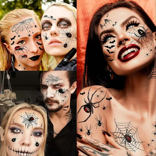 Miniatura 6 de VANTATY 9 hojas de calcomanías de tatuaje de telaraña de Halloween, manga temporal de tatuaje de murciélago medio brazo para mujeres, hombres, Negro