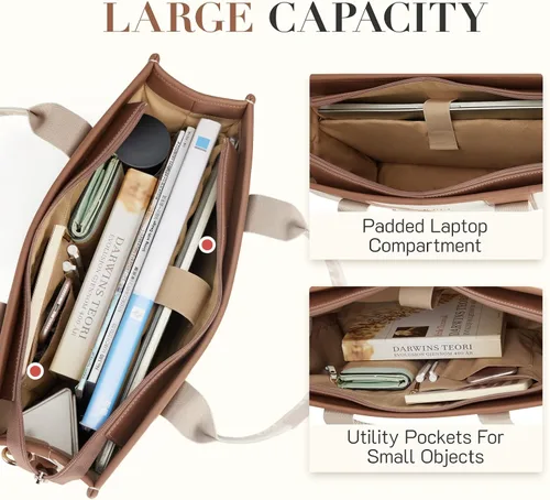 Miniatura 3 de Missnine Bolsa de lona para laptop de 15.6 pulgadas, bolsa de hombro para profesores, maletín para viajes, oficina, escuela, marrón, beige