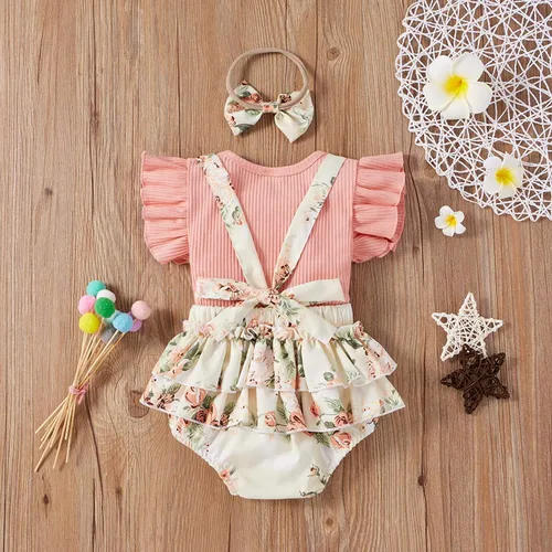 Miniatura 3 de CIYCUIT Ropa de verano para niña recién nacida camiseta acanalada con volantes florales pantalones cortos con tirantes trajes de diadema
