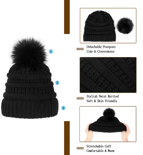 Miniatura 5 de Qlenkay Gorro con extensiones de cabello largo ondulado y rizado, gorra de punto negro adjunta de 20 pulgadas, peluca sintética desmontable, pompón