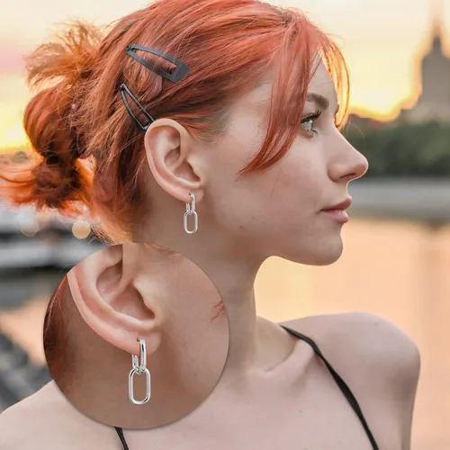 Miniatura 2 de Aretes de aro de plata de ley 925 con doble ovalado para mujer, pequeños aretes de aro de plata para orejas sensibles, aretes de aro cuadrados