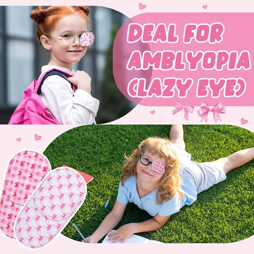 Miniatura 7 de Kingdder 20 parches de ojos rosas para niños pequeños para lentes izquierdo o derecho, reutilizable, ajustable, lazo de estilo rosa para niñas