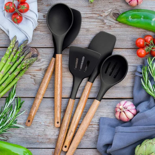 Miniatura 6 de Juego de utensilios de cocina, juego de utensilios de cocina de silicona, juego de espátulas de silicona antiadherente con mango de madera dura