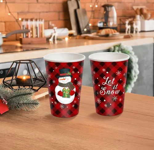 Miniatura 3 de CIOEY Vasos de papel desechables de Navidad, diseño de muñeco de nieve rojo y negro, diseño de búfalo para Feliz Navidad, decoraciones de fiesta
