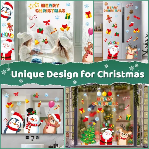 Miniatura 5 de Adhesivos de ventana de Navidad, 9 hojas de calcomanías de ventana de Navidad, Papá Noel, muñeco de nieve, reno, copo de nieve de Navidad