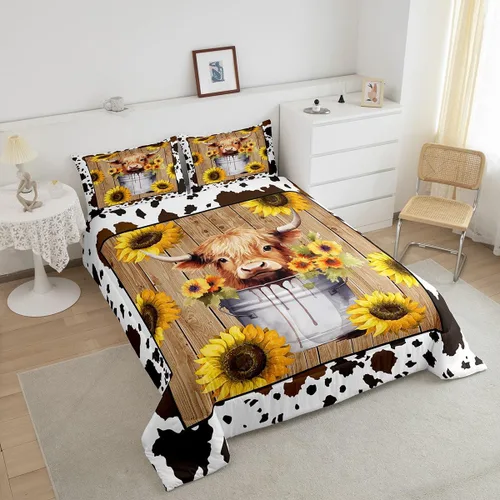 Miniatura 3 de Manfei Juego de edredón de ganado Highland tamaño Queen, edredón de plumón de girasol amarillo con 2 fundas de almohada, juego de ropa de cama