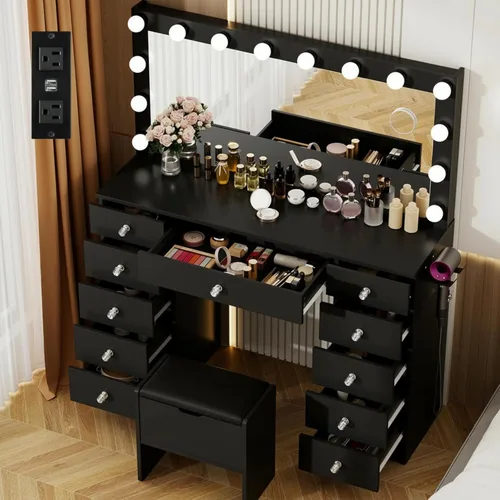 VOWNER Tocador con Espejo Iluminado - Escritorio de Maquillaje con 11 Cajones y Tomacorriente, 3 Modos de Iluminación de Color con Brillo Ajustable,