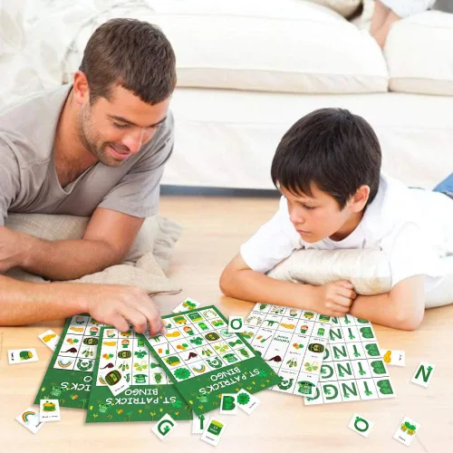 Miniatura 6 de Omgouue Juego de bingo irlandés de trébol del día de San Patricio, suministros de fiesta verde para 24 jugadores