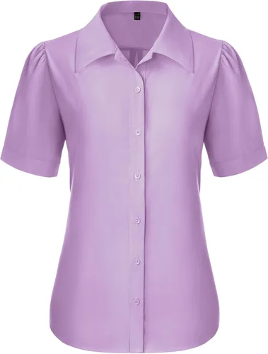 Miniatura 28 de Gleeivy Camisas de botones para mujer de manga corta abombada, camisas de vestir abotonadas con cuello ajustado, blusa superior de trabajo