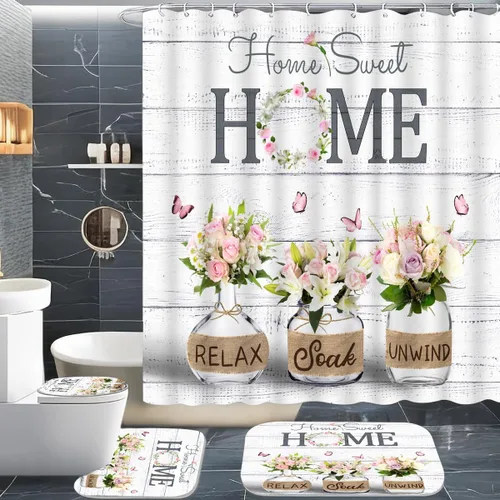 Miniatura 13 de ALEXEX Juego de 4 cortinas de ducha de hortensias azules, juego de baño Home Sweet con cortina de ducha y alfombras y accesorios, cortina de ducha