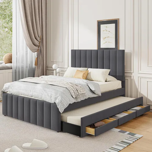 Miniatura 10 de Cama de plataforma tapizada de tamaño matrimonial con nido, cama con plataforma tapizada de vellón de peluche con soporte de listones de madera