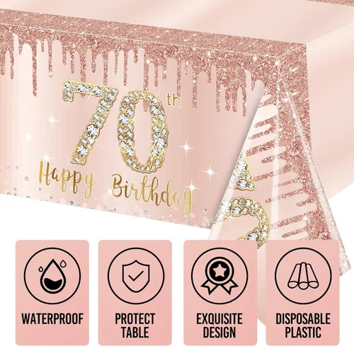 Miniatura 3 de Pack de 3 manteles de cumpleaños número 70 para mujer, rosado y dorado, mantel de plástico desechable rectangular para fiesta de cumpleaños número