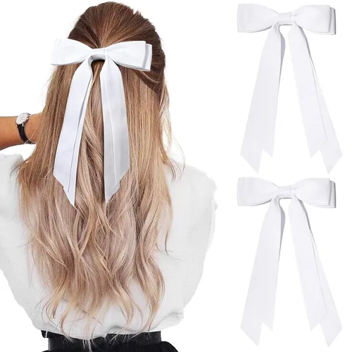 Aileam 2 piezas lazos de cabello de satén sedoso, pinza para cabello, cinta blanca para cabello, sujetador de cola de caballo, accesorios, Blanco