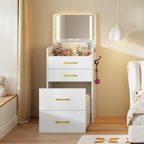 Miniatura 9 de Escritorio de tocador 3 en 1 con espejo abatible y luces, mesa de tocador de maquillaje con parte superior de vidrio con estación de carga, tocador