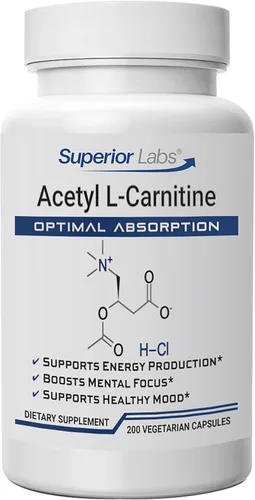 Superior Labs Acetil L-carnitina 500 mg, ALCAR de alta potencia, puro sin OMG, cero aditivos sintéticos, máxima absorción, metabolismo de energía y