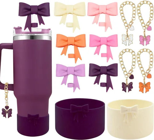 Miniatura 33 de Conjunto de accesorios para taza Hpebl para Stanley, incluye 2 tapas de pajita con moño lindo de 10 mm, tapones reutilizables para pajita, 1 funda