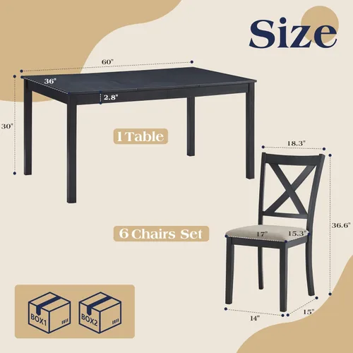 Miniatura 2 de YUMPIE Juego de mesa de comedor de madera de 60 pulgadas, juego de mesa y sillas de comedor de madera de 7 piezas, mesa de cocina con 6 sillas