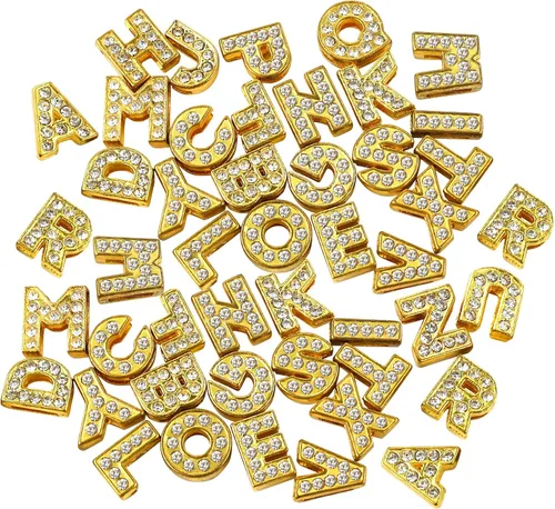Miniatura 8 de AUEAR, Paquete de 52 dijes dorados A-Z de 0.315 pulgadas con diamantes de imitación completos de cristal del alfabeto de aleación para pulseras