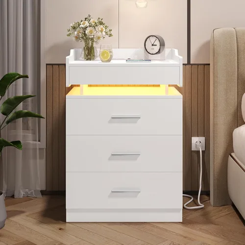 Miniatura 10 de BTHFST Mesita de noche grande con estación de carga y luces LED, mesita de noche negra con 3 cajones y 1 bandeja extraíble, mesa auxiliar