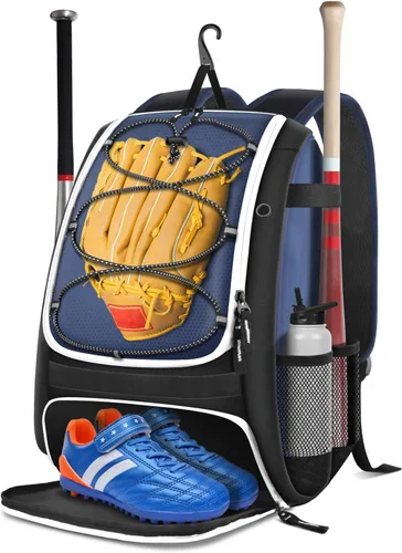 BROTOU Bolsa de béisbol, bolsa de softbol para equipo de béisbol y bate de T-Ball, mochila de béisbol con compartimento para zapatos para Azul