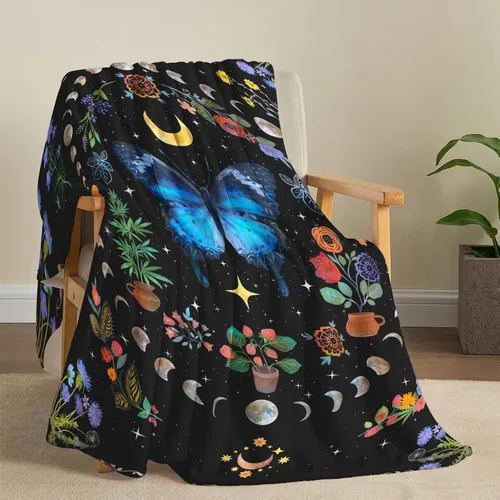 Miniatura 5 de Lifeel Manta de forro polar con diseño de mariposa y luna azul, diseño botánico floral, bohemio, acogedora decoración para siesta para sofá, cama