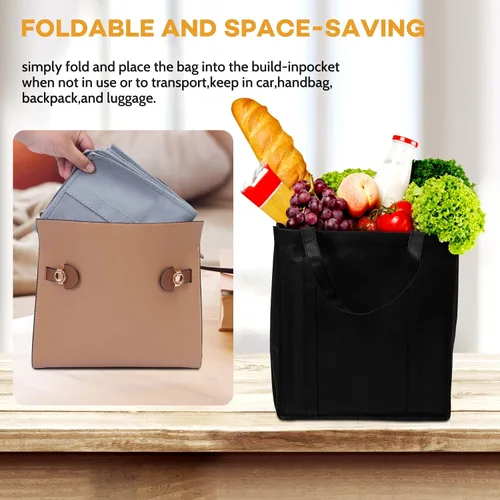 Miniatura 6 de JERIA Paquete de 24 bolsas de comestibles reutilizables, bolsas de compras grandes y plegables lavables, bolsas de mano resistentes con asas Negro