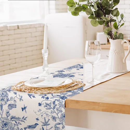 Miniatura 4 de AnyDesign Camino de mesa azul y blanco de 13 x 72 pulgadas, monocromático, pájaros, flores, cubierta de mesa retro floral para cocina, mesas