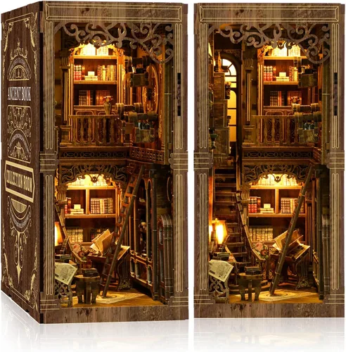 Kit de rincón de libros – (edición clásica) – Rompecabezas de madera en miniatura de bricolaje | Sala de colección de libros vintage con luces LED |