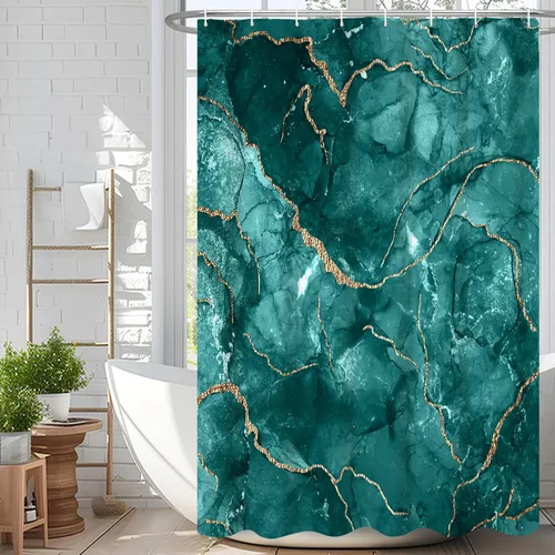 Miniatura 87 de Cortina de ducha abstracta de mármol negro gris y dorado con grietas, cortina de baño moderna ombre impresa, cortina impermeable y lavable de tela