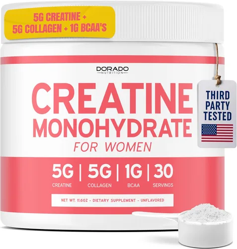 Creatina para Mujeres | Polvo de Monohidrato de Creatina 5G + 5000mg de Colágeno + 1000mg de BCAA 2:1:1 en Polvo (30 Porciones) Apoyo para Glúteos,