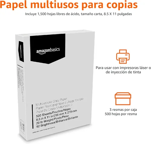 Miniatura 2 de Amazon Basics Papel multipropósito para impresora y copiadora, 20 lb, 8.5 x 11 pulgadas, 3 resmas (1,500 hojas), 92 brillante, blanco