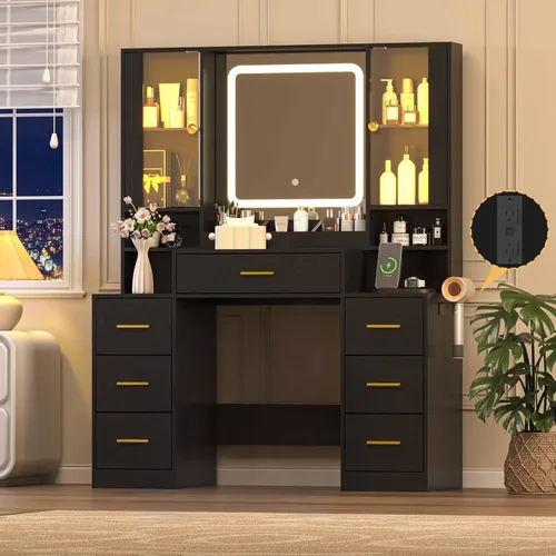 Miniatura 18 de Escritorio de maquillaje con espejo y luces, tocador negro de 43 pulgadas con parte superior de cristal, almacenamiento de joyas, 3 cajones