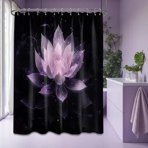 Miniatura 13 de Cortina de ducha con flores de loto negro y azul para decoración de baño, juego de cortinas decorativas de baño con estampado floral, tela