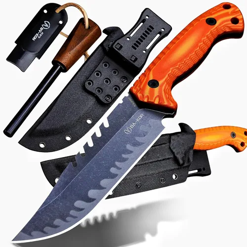 Miniatura 12 de BA-KOR Cuchillo de caza de hoja fija de tang completo de 12.4 pulgadas – acero 9CR18MoV de 6mm, mango G10, hoja de sierra dentada lavada a la piedra
