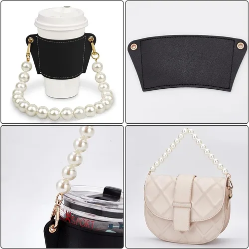 Miniatura 4 de WADORN Funda reutilizable de piel sintética con asa de perla, soporte portátil para taza de café con cadena extraíble para taza de bebidas Negro