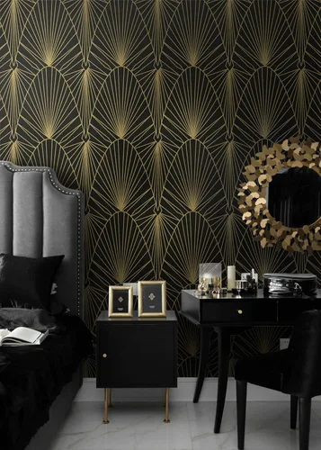 Miniatura 5 de Yasinet Papel tapiz geométrico para despegar y pegar, papel de pared negro y dorado para dormitorio, baño, papel de contacto geométrico Art Deco