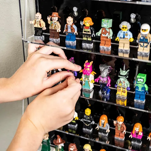 Miniatura 5 de Vitrina de minifiguras de acrílico, estantes de almacenamiento de figuras pequeñas de montaje en pared con fondo negro, capacidad para 40