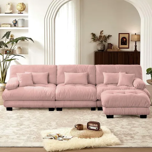 Miniatura 60 de Reposapiés Otomano Tapizado de Terciopelo con Cojín para Sofá Seccional Sofá 300 libras para Sala de Estar (Beige)