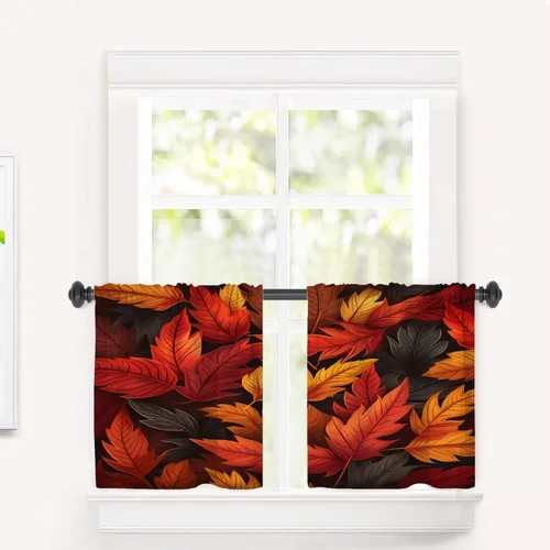 Cortinas de cocina de hojas de arce otoñales para ventanas, hojas verdes y rojas sobre cenefas opacas negras, tratamientos de ventana de poliéster