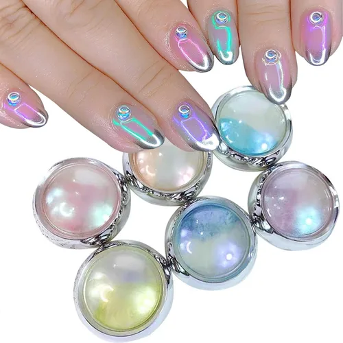 6 tarros de polvo de uñas cromado de sirena, aurora, brillo metálico, efecto espejo, pigmento, polvo iridiscente, polvo de arte de uñas para mujeres