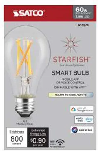 Miniatura 5 de Satco S11274 Starfish WiFi-Control A19 Bombilla LED inteligente blanca sintonizable, 7.5 vatios, 2200K-5000K