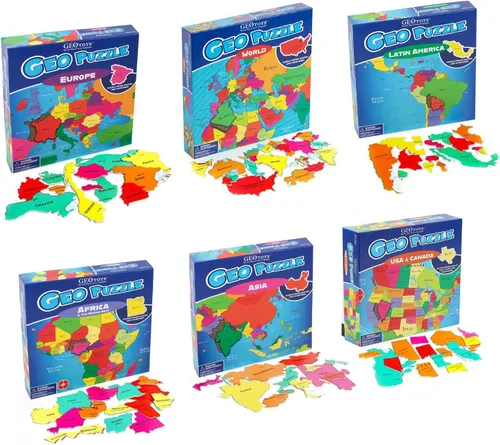 GeoToys GeoPuzzle, juego de 6 rompecabezas de campo, juego de geografía y mapas, juegos educativos y actividades de aprendizaje para niños, regalos