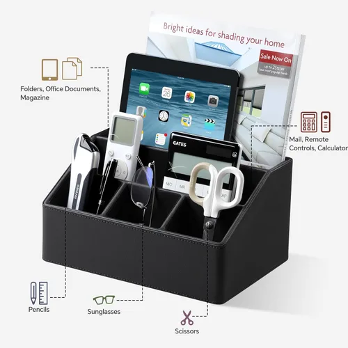 Miniatura 3 de Soporte para control remoto con 5 compartimentos para suministros de arte de oficina, organizador de mesita de noche de cuero sintético, soporte
