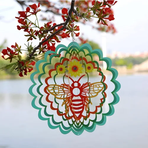 Miniatura 4 de Kinetic - Adorno colgante de metal 3D con diseño de abeja y viento para el hogar y el jardín, diseño de mandala de abeja de 12 pulgadas, molinos