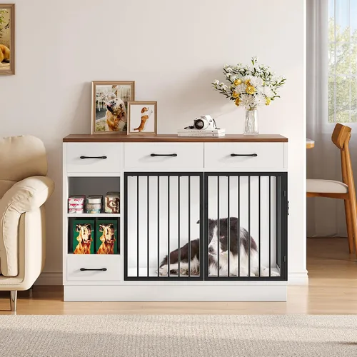 Miniatura 8 de Jaula para perros con comedero oculto y 3 cajones de almacenamiento - Jaula de madera para perros de 47.2" para interiores con estante ajustable