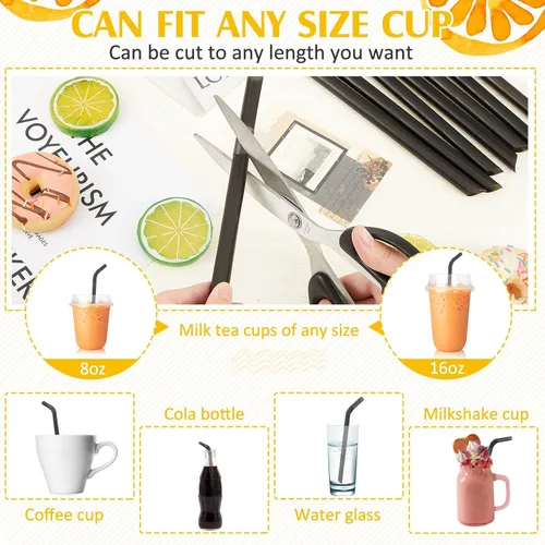 Miniatura 5 de Tessco for you 300 pajitas grandes de plástico a rayas de té de burbujas de 9.06 pulgadas, envueltas individualmente para beber jugo de batido Negro