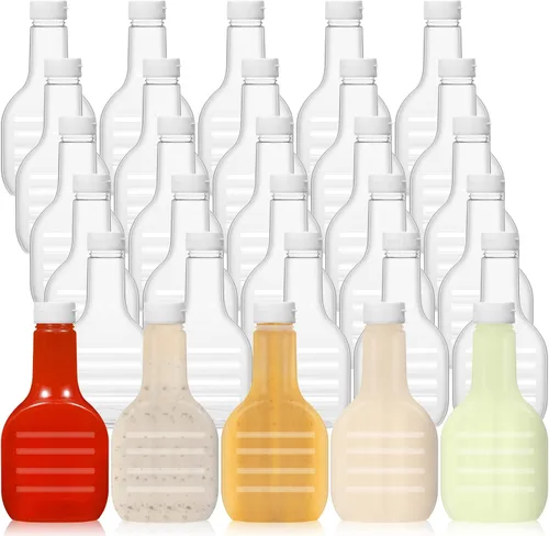 Roshtia Paquete de 30 botellas de plástico transparente de 16 onzas para aderezo para ensaladas, botellas vacías a granel con tapa superior abatible