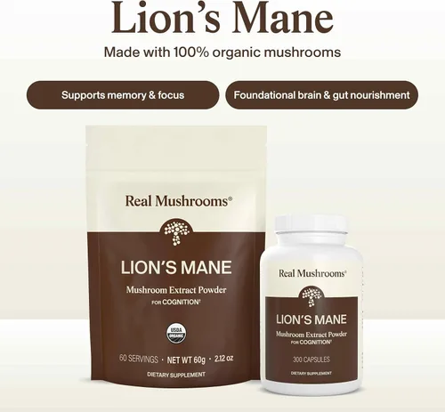 Miniatura 4 de Lions Mane polvo de extracto de hongos Real Mushrooms. Certificado orgánico 2.11 oz a granel. Hongo melena de león en polvo, perfecto