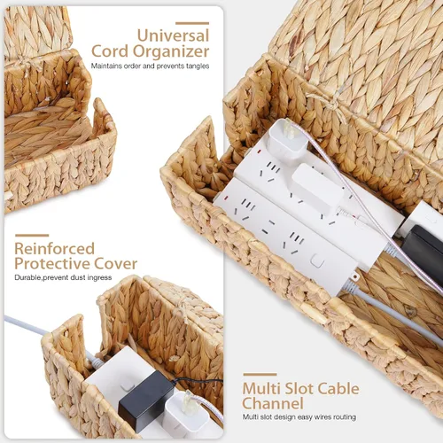 Miniatura 5 de Caja de organización de cables con tapas, organizador de cables de ratán tejido a mano con ranuras abiertas, caja organizadora de escritorio
